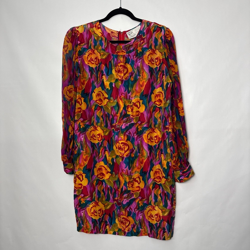 Sun Silk Vintage 100% Silk Floral Rose Print Long Sleeve Shift Mini Dress Small